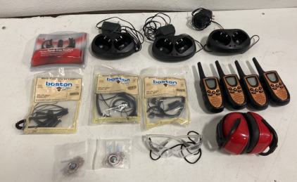 (4) Radioshack Two Way Radios (4) Assorted Hands Free Headsets and More!