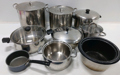 (9) Assorted Pots/Pans (6) Lids (1) 27gal Storage Container