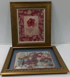 (2) Flower Paintings (1) Empty Frame