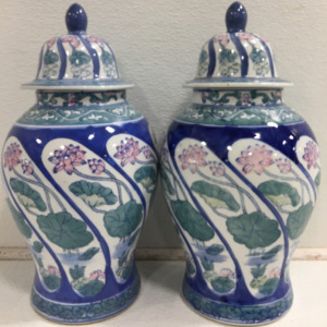 (2) Beautiful 15" Hand Painted Under Glaze Oriental Vase W/Lid