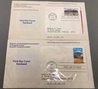 WYOMING AND VERMONT FIRST DAY OF ISSUE POSTAL COMMEMORATIVE SOCIETY STAMPS