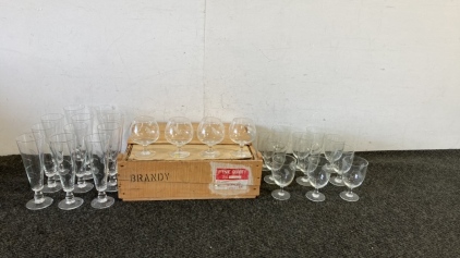 Beautiful Etched Glass Brandy Sniffers, Wine and Champaign Glasses