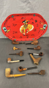 VINTAGE PIPE COLLECTION W/ WOOD/ ANTLER AND WESTERN SERVING TRAY
