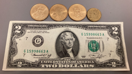 2 DOLLAR BANK NOTE, (3) ONE DOLLAR COINS AND MEXICAN PESO