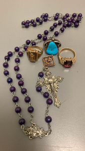 (3) RINGS, PIN AND BEAUTIFUL ROSARY