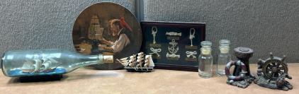 NAUTICAL DECOR WITH A SHIP IN A BOTTLE, TINY SHIP, NORMAL ROCKWELL PLATE, VARIOUS KNOTS IN A SMALL FRAME AND MORE