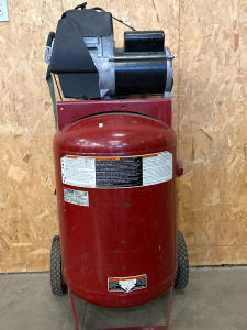 COLEMAN POWERMATE AIR COMPRESSOR MODEL CL0502710-27 GALLONS, 145 PSI, 115V/15 AMP/60 HZ (AIR LINE HAS LEAK)