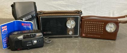 VINTSGE JULIETTE SOLID STATE RADIO (UNABLE TO TEST), VINTAGE NATIONAL PANASONIC ALL TRANSISTOR RADIO (UNABLE TO TEST) AND RICOH RW-1 35MM CAMERA WITH MANUAL AND CASE