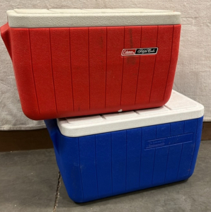 (2) COLEMAN COOLERS (12&rdquo;x 21&rdquo;) BLUE AND RED