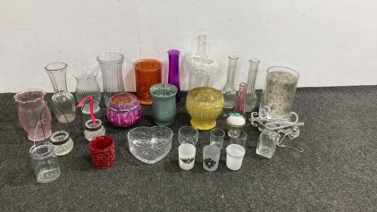 Assortment Of Glass Vases, Shot Glasses and More