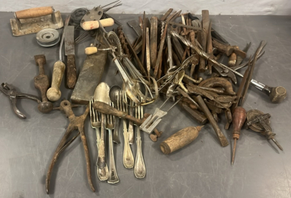 VINTAGE HAND MIXER, DRILL BITS, SLIVERWARE, AND MORE