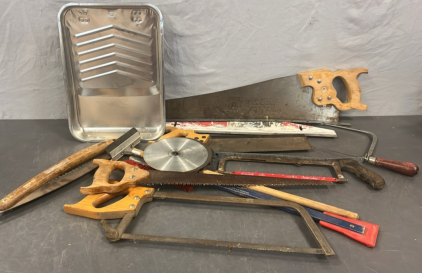 VINTAGE HAND SAWS, METAL PAINT TRAY, SAW BLADES AND MORE