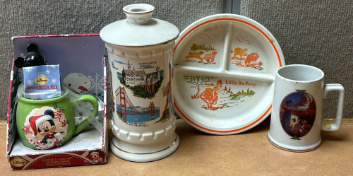 OLD FITZGERALD COLLECTOR’S GALLERY PORCELAIN DECANTER, GLASS LITTLE BO PEEP PLATE, COCA COLA SANTA SMALL STEIN ANS MICKEY MOUSE CHRISTMAS MUG WITH SPOON