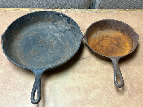 LODGE 12” CAST IRON SKILLET AND UNKNOWN BRAND 6” CAST IRON SKILLET