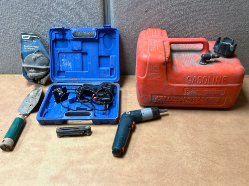 GAS CAN, SOLDERING TOOL WITH CASE, BLACK & DECKER CORDLESS SCREWDRIVER (DEAD BATTERY), HEX KEYS, GARDEN TROWEL AND RV SEWER CAP