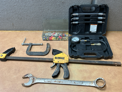 QUICK CONNECT COMPRESSION TESTER, DEWALT BAR CLAMP, 1-5/8 WRENCH, C-CLAMO AND VARIOUS FUSES WITH WIRING CAPS AND ENDS