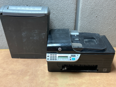 HP OFFICEJET 4500 WIRELESS ALL-IN-ONE PRINTER (NO POWER SOURCE) AND GBC SHREDMASTER PAPER SHREDDER (WORKS)