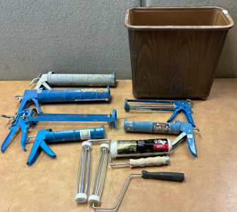 CALK GUNS IN VARIOUS SIZES, PAINT ROLLERS, WOVEN PAINT ROLLER COVER AND METAL TRASH CAN