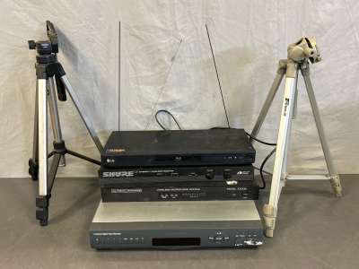 LG BLU-RAY PLAYER (WORKS), SHURE L4 DIVERSITY WIRELESS RECEIVER (NO POWER SOURCE), ALTEC LANSING WIRELESS MICROPHONE SYSTEM MODEL 7500B (WORKS), 4 CHANNEL DIGITAL VIDEO RECORDER (NO POWER SOURCE) AND 2 ADJUSTABLE TRIPODS