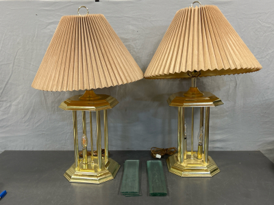 MATCHING LAMP SET WITH GLASS PANEL INSERTS WITH ETCHED DESIGN (SOME HAVE CHIPS)-BOTH WORK, 3 LIGHTING SETTINGS