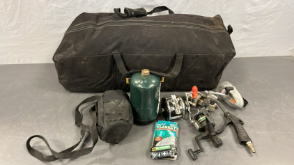 FISHING REELS, PROPANE BOTTLE, AND TENT
