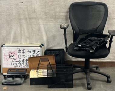 OFFICE CHAIR, BLACK ORGANIZATION PIECE, ENVELOPES AND MORE