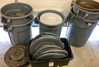 (6) Assorted Brute Trashcans (12) Assorted Uline Trashcan Wheel Bases (13) Assorted Trashcan Lids