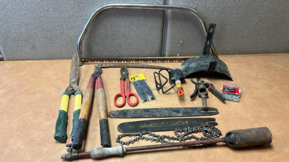 VINTAGE BLOW TORCH, TRIMMERS, HAND BOW SAW AND MORE