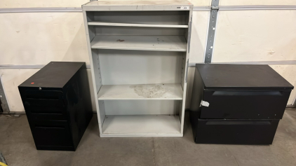 BLACK LONG FILING CABINET, BLACK SHORT FILING CABINET AND GREY METAL SHELF