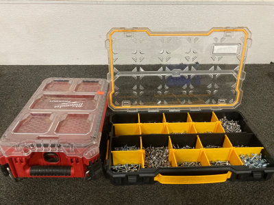 DEWALT BOX WITH VARIOUS METAL SCREWS, WASHERS, NUTS; MILWAKKEE PACKOUT BOX