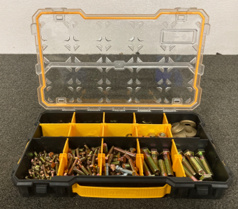 DEWALT BOX WITH LARGE BOLTS, WASHERS AND NUTS