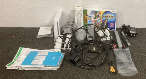 (1) WII GAMING SYSTEM WITH POWER CORDS, AV CORDS, (2) WII REMOTES, (2) JOY STICKS, (5) WII GAMES AND MORE