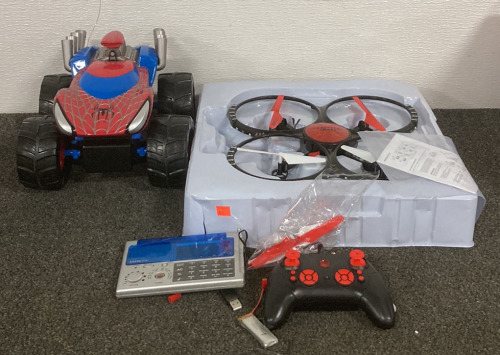 (1) SHARPER IMAGE DRONE WITH REMOTE CONTROL AND SPARE PARTS (UNABLE TO TEST), (1) SPIDER-MAN ELECTRONIC MOBILE TOY (UNABLE TO TEST AND MORE