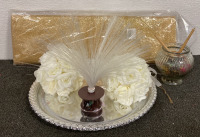 (2) LARGE PLASTIC SERVING TRAYS, (1) ROLL OF GOLDEN MESH FABRIC, (2) FAUX FLOWER BOUQUETS, (1) LIGHT DISPLAY (POWERS ON), AND MORE