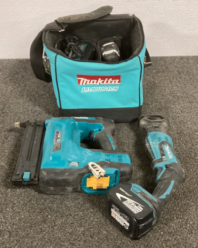 (1) MAKITA BATTERY CHARGER 18V, (1) MAKITA CORDLESS DRILL 18V, (1) MAKITA CORDLESS COMPACT SAW, (1) MAKITA GAUGE NAILER, AND (1) CARRIER BAG