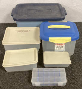 (1) SET OF CO-OP TUPPERWARE (3 PIECE SET), (1) STERILITE “SHOW OFFS” STORAGE CONTAINER WITH LID, (1) RUBBERMAID ROUGHNECK PASTIC STORAGE CONTAINER, AND MORE