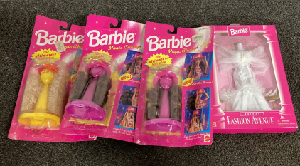 (3) VINTAGE BARBIE MAGIC HAIR CHANGE (UNOPENED) WITH (1) VINTAGE BARBIE BRIDAL FASHION AVENUE APPAREL)