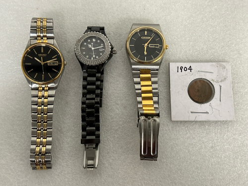 3 WATCHES: SOTTMARINO, CITIZEN AND SEIKO, PLUS 1904 INDIAN HEAD WHEAT PENNY