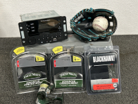 IRV TECHNOLOGIES RV STEREO, UNCLE MIKE’S ADVANCED CONCEALMENT POCKET HOLSTERS (SIZES 2&4), BLACKHAWK! INSIDE-THE-POCKET NYLONG HOLSTER (SIZE 3), MITCHELL FISHING REEL, 16” PLASTIC TOOLBOX AND YOUTH SMALL BABSEBALL GLOVE WITH BASEBALL