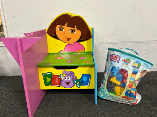 DORA THE EXPLORER DESK CHAIR (NO DESK TOP) WITH STORAGE AND MEGA BLOKS