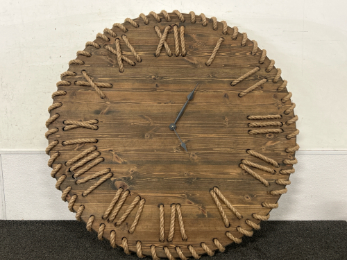 EXTRA LARGE RUSTIC WOOD AND ROPE WALL CLOCK-35” DIAMETER, NOT INCLUDING ROPE (WORKS BUT MAY NEED GEAR BOX REPLACED)