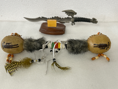 REPLICA SWORD LETTER OPENER WITH DRAGON DETAIL AND NATIVE AMERICAN BEADED RAWHIDE RATTLE