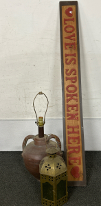 &ldquo;LOVE IS SPOKEN HERE&rdquo; WOOD SIGN (52&rdquo;x5.5&rdquo;), LAMP (WORKS) AND TEALIGHT CANDLE LANTERN