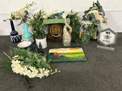 FAUX FLOWER AND FOLIAGE DECOR IN DECORATIVE CONTAINERS, SMALL PAINTING AND MORE