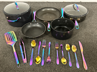 SMALL SET OF POTS AND PANS WITH OIL SLICK COLOR ON HANDLES AND UTENSILS