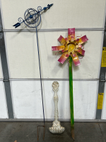 METAL FLOWER STAKE , LARGE SCALLOPED LADLE AND TALL METAL STAKE WITH ARROW THROUGH GLOBE