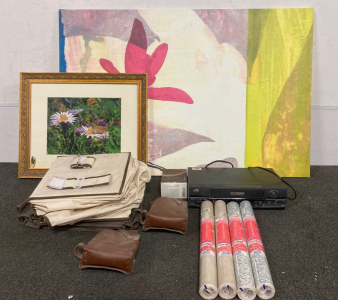 30&rdquo;X46&rdquo; CANVAS PAINTING, 23&rdquo;X19&rdquo; FRAMED BUTTERFLY AND FLOWER PHOTO, (2) HANGING CLOSET ORGANIZERS, VHS PLAYER (TURNS ON), CREATIVE COVERINGS ADHESIVE COVERING, (2) LEATHER BELT POUCHES