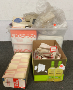 TOTES OF TAG FASTENERS, TWO BOXES OF FOR SALE TAGS