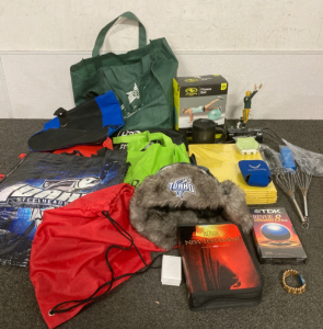 REUSABLE GROCERY BAGS, IDAHO STEELHEADS FUR HAT, NEW IN BOX ATHLETIC FITNESS BALL, NEW TESTAMENT AUDIO BIBLE, 9&rdquo; BRETT FARVE STATUE
