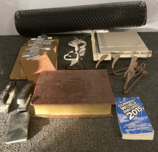 PAPER CUTTER, ANTIQUE COAT HANGERS; TREASURE ISLAND FAKE BOOK STORAGE BOX, CLIPBOARDS, ROLL OF PLASTIC MESH